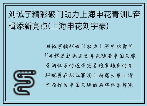 刘诚宇精彩破门助力上海申花青训U奋楫添新亮点(上海申花刘宇豪)