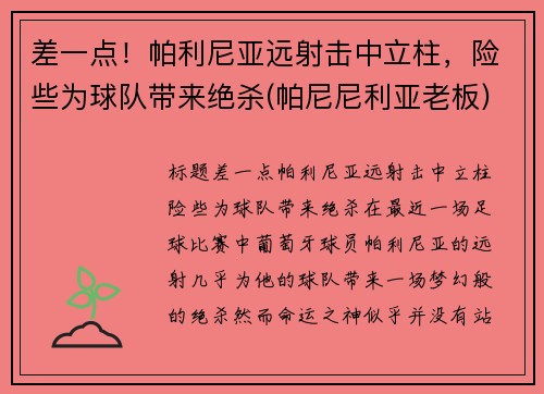 差一点！帕利尼亚远射击中立柱，险些为球队带来绝杀(帕尼尼利亚老板)