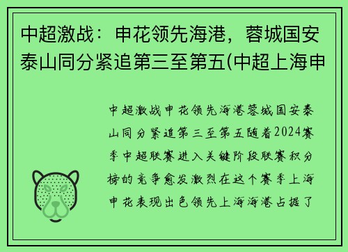 中超激战：申花领先海港，蓉城国安泰山同分紧追第三至第五(中超上海申花2-1北京国安)