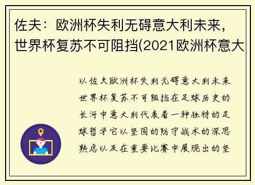 佐夫：欧洲杯失利无碍意大利未来，世界杯复苏不可阻挡(2021欧洲杯意大利独赢)