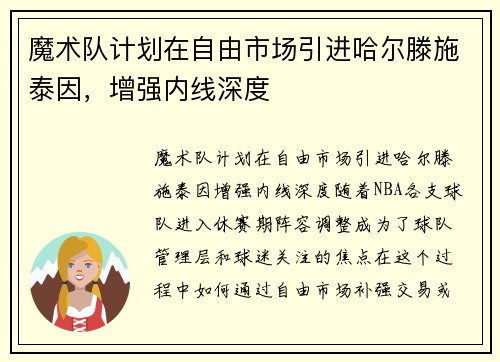 魔术队计划在自由市场引进哈尔滕施泰因，增强内线深度