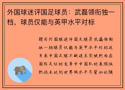 外国球迷评国足球员：武磊领衔独一档，球员仅能与英甲水平对标