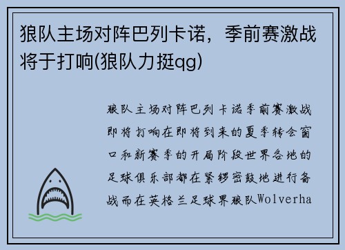 狼队主场对阵巴列卡诺，季前赛激战将于打响(狼队力挺qg)