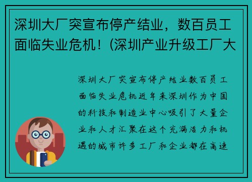 深圳大厂突宣布停产结业,数百员工面临失业危机!(深圳产业升级工厂大量倒闭) 深圳大厂突宣布停产结业,数百员工面临失业危机!(深圳产业升级工厂大量倒闭)