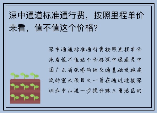 深中通道标准通行费,按照里程单价来看,值不值这个价格? 深中通道标准通行费,按照里程单价来看,值不值这个价格?