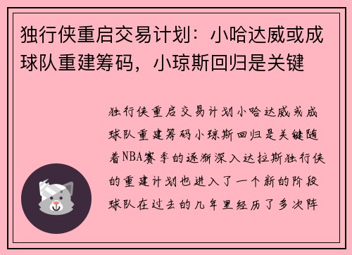 独行侠重启交易计划:小哈达威或成球队重建筹码,小琼斯回归是关键 独行侠重启交易计划:小哈达威或成球队重建筹码,小琼斯回归是关键