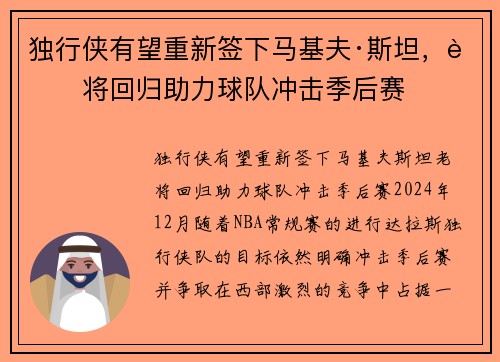 独行侠有望重新签下马基夫·斯坦,老将回归助力球队冲击季后赛 独行侠有望重新签下马基夫·斯坦,老将回归助力球队冲击季后赛