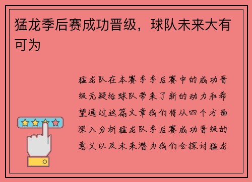 猛龙季后赛成功晋级,球队未来大有可为 猛龙季后赛成功晋级,球队未来大有可为