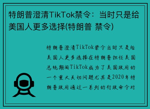 特朗普澄清TikTok禁令:当时只是给美国人更多选择(特朗普 禁令) 特朗普澄清TikTok禁令:当时只是给美国人更多选择(特朗普 禁令)