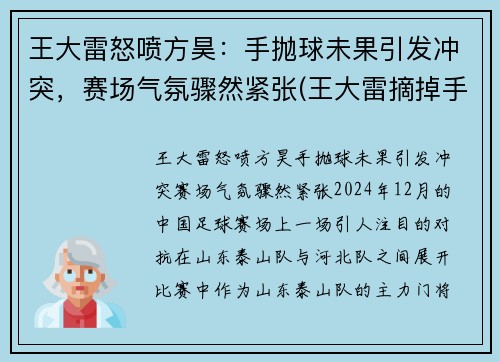 王大雷怒喷方昊:手抛球未果引发冲突,赛场气氛骤然紧张(王大雷摘掉手套扑点球) 王大雷怒喷方昊:手抛球未果引发冲突,赛场气氛骤然紧张(王大雷摘掉手套扑点球)