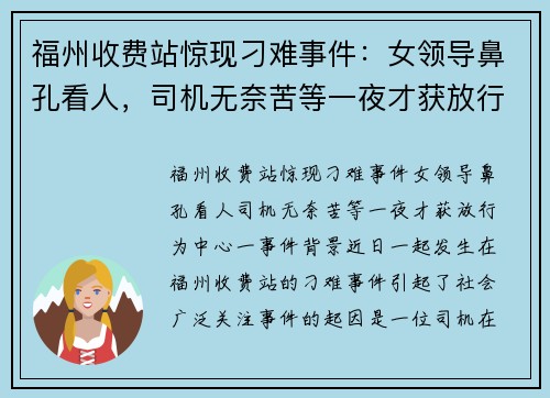 福州收费站惊现刁难事件:女领导鼻孔看人,司机无奈苦等一夜才获放行 福州收费站惊现刁难事件:女领导鼻孔看人,司机无奈苦等一夜才获放行