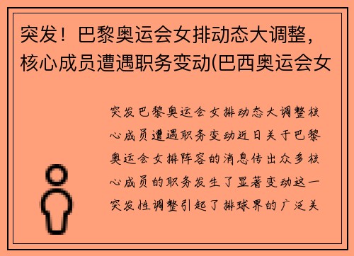 突发!巴黎奥运会女排动态大调整,核心成员遭遇职务变动(巴西奥运会女排队长) 突发!巴黎奥运会女排动态大调整,核心成员遭遇职务变动(巴西奥运会女排队长)