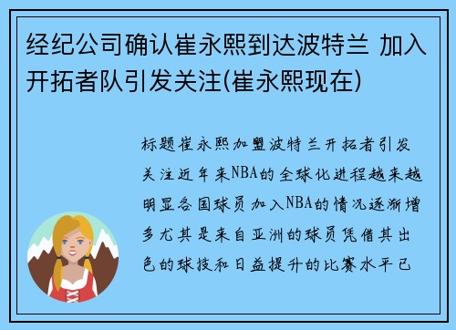 经纪公司确认崔永熙到达波特兰 加入开拓者队引发关注(崔永熙现在) 经纪公司确认崔永熙到达波特兰 加入开拓者队引发关注(崔永熙现在)