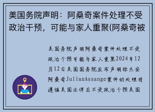 美国务院声明:阿桑奇案件处理不受政治干预,可能与家人重聚(阿桑奇被川普赦免) 美国务院声明:阿桑奇案件处理不受政治干预,可能与家人重聚(阿桑奇被川普赦免)