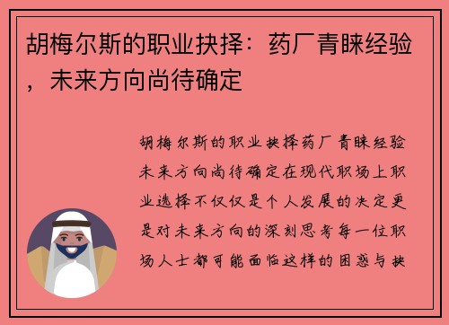 胡梅尔斯的职业抉择:药厂青睐经验,未来方向尚待确定 胡梅尔斯的职业抉择:药厂青睐经验,未来方向尚待确定