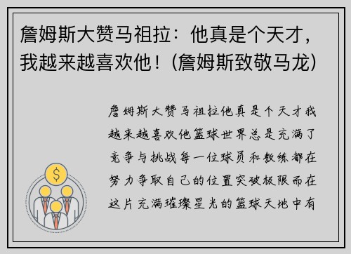詹姆斯大赞马祖拉:他真是个天才,我越来越喜欢他!(詹姆斯致敬马龙) 詹姆斯大赞马祖拉:他真是个天才,我越来越喜欢他!(詹姆斯致敬马龙)