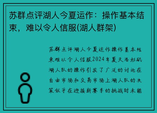 苏群点评湖人今夏运作：操作基本结束，难以令人信服(湖人群架)